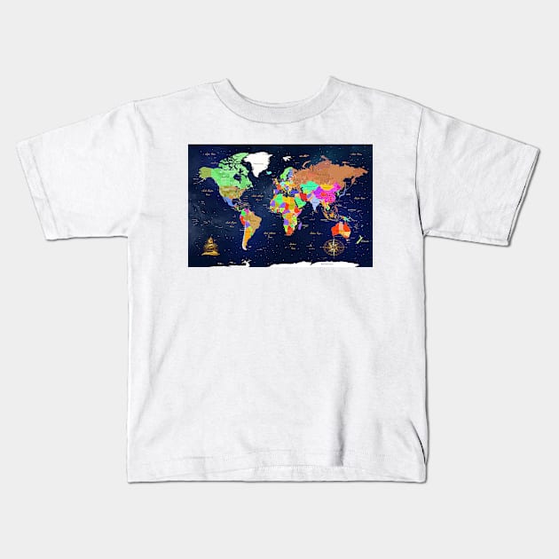 World Map Navy Blue Art Kids T-Shirt by SharpWallArts